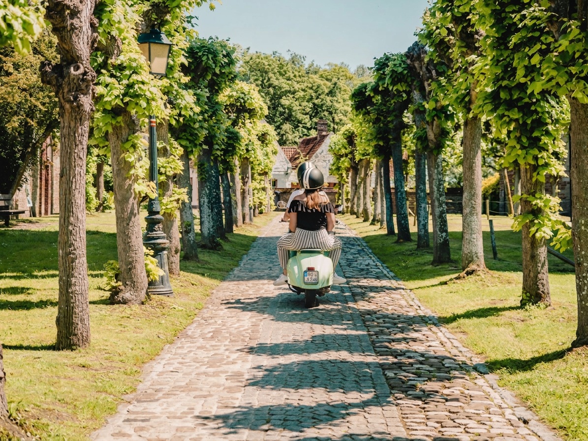 Riding through tree-lined path